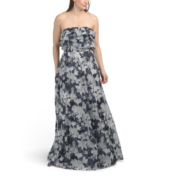 SACHIN + BABI Blue Floral Frivolla Gown With Ruffle Details